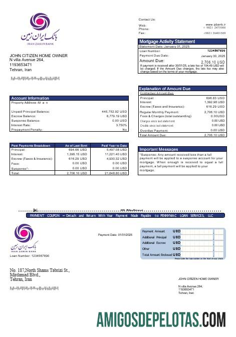 Declaração de hipoteca do Iran Zamin Bank em formatos Word e PDF exemplo real